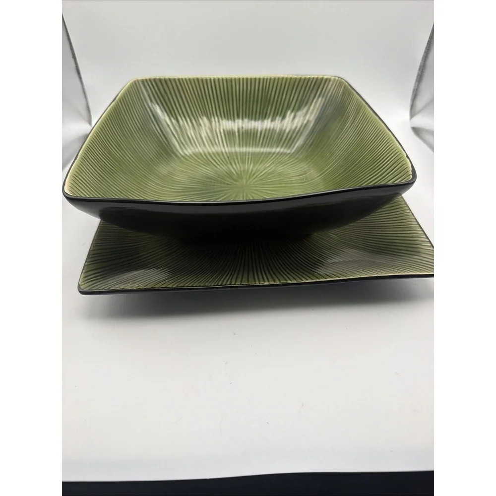 Joseph Abboud Ventana Green 2 Pc Square Serving Bowl & Platter Set Ribbed